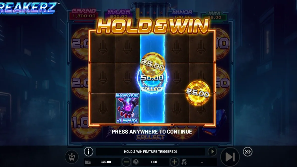Interface do slot Breakerz com estética cyberpunk e luzes neon